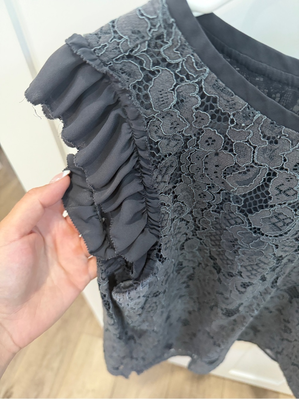 LOFT Charcoal Gray Lace Cap-Sleeve Blouse - Picture 2 of 6